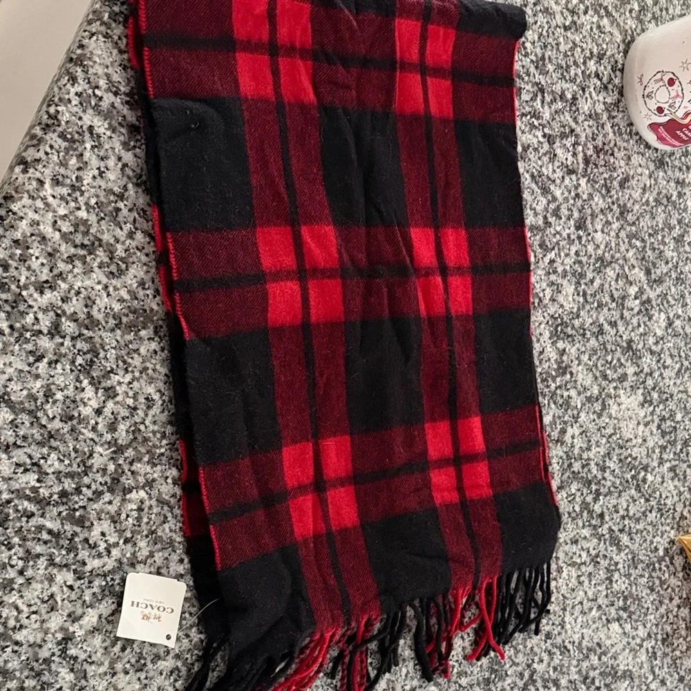 Coach Black and Red Plaid Fringe Scarf - Picture 2 of 3